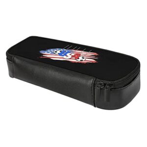 Football and USA Flag Pencil Case PU Leather Pencil Pen Bag Large Capacity Pen Box Pencil Pouch Makeup Bag with Zip