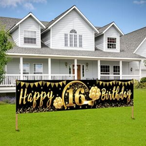 happy 16th birthday banner decorations for boys girls, 16th birthday party supplies, black gold 16 birthday decor sign for outdoor indoor