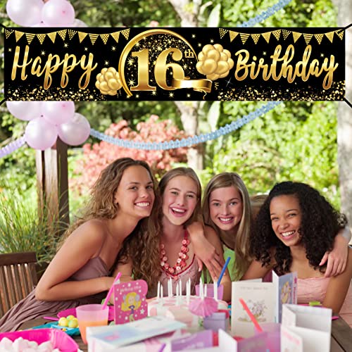 Happy 16th Birthday Banner Decorations for Boys Girls, 16th Birthday Party Supplies, Black Gold 16 Birthday Decor Sign for Outdoor Indoor