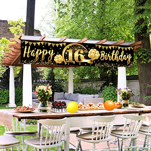 Happy 16th Birthday Banner Decorations for Boys Girls, 16th Birthday Party Supplies, Black Gold 16 Birthday Decor Sign for Outdoor Indoor