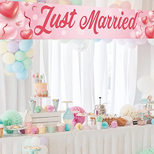 Just Married Large Banner, Wedding, Bridal Shower Porch Sign Lawn Sign, Rustic Wedding Reception Decorations, Indoor Outdoor Backdrop 8.9 x 1.6 Feet