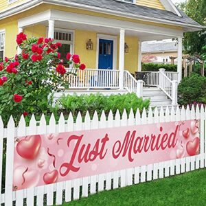 just married large banner, wedding, bridal shower porch sign lawn sign, rustic wedding reception decorations, indoor outdoor backdrop 8.9 x 1.6 feet