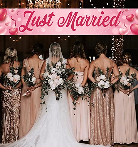 Just Married Large Banner, Wedding, Bridal Shower Porch Sign Lawn Sign, Rustic Wedding Reception Decorations, Indoor Outdoor Backdrop 8.9 x 1.6 Feet