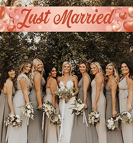 Just Married Large Banner, Wedding, Bridal Shower Porch Sign Lawn Sign, Rustic Wedding Reception Decorations, Indoor Outdoor Backdrop 8.9 x 1.6 Feet