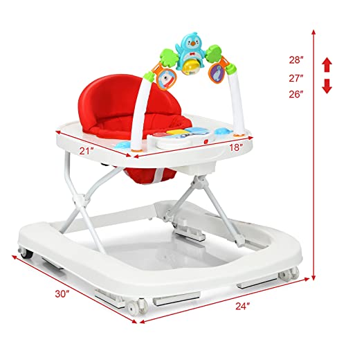 INFANS Foldable Activity Baby Walker, 2 in 1 Anti-Rollover Toddler Walker Helper with Adjustable Height and Speed Safety Belt, Music Center for Boys and Girls (Red)