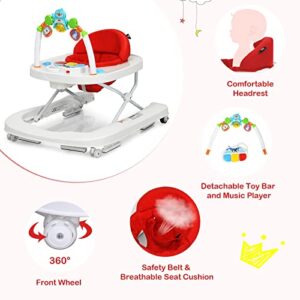 INFANS Foldable Activity Baby Walker, 2 in 1 Anti-Rollover Toddler Walker Helper with Adjustable Height and Speed Safety Belt, Music Center for Boys and Girls (Red)