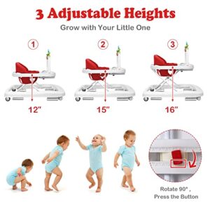 INFANS Foldable Activity Baby Walker, 2 in 1 Anti-Rollover Toddler Walker Helper with Adjustable Height and Speed Safety Belt, Music Center for Boys and Girls (Red)