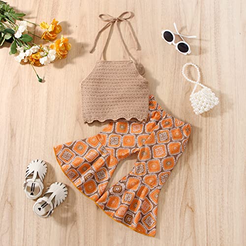 Toddler Baby Girl Summer Clothes Flower Halter Crop Top Rainbow Flared Pants Bell Bottoms Cute Boho Birthday Outfit (Khaki Boho, 6-12 Months)