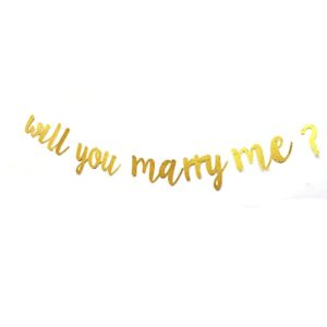will you marry me banner bunting for valentine’s day, wedding, bridal shower, marriage proposal engagement party decorations gold glitter pre-strung