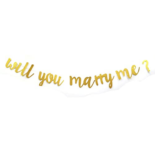 Will You Marry Me Banner Bunting for Valentine's Day, Wedding, Bridal Shower, Marriage Proposal Engagement Party Decorations Gold Glitter Pre-Strung