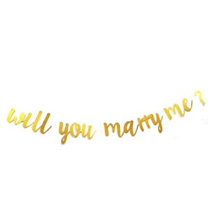 Will You Marry Me Banner Bunting for Valentine's Day, Wedding, Bridal Shower, Marriage Proposal Engagement Party Decorations Gold Glitter Pre-Strung