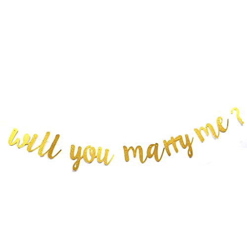 Will You Marry Me Banner Bunting for Valentine's Day, Wedding, Bridal Shower, Marriage Proposal Engagement Party Decorations Gold Glitter Pre-Strung