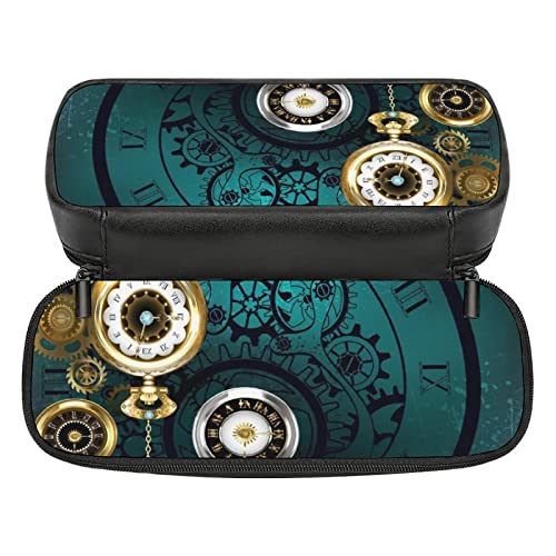 Antique Gear Pocket Watch Pattern Pencil Case PU Leather Pencil Pen Bag Large Capacity Pen Box Pencil Pouch Makeup Bag with Zip