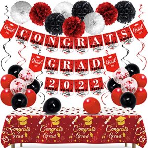 algpty 2022 red and black graduation decorations kit – congrats grad party decorations including congrats grad 2022 banner, paper pompoms, tablecloth, hanging swirl grad  decor for high school, college