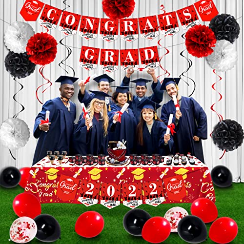 algpty 2022 Red and Black Graduation Decorations Kit - Congrats Grad Party Decorations Including Congrats Grad 2022 Banner, Paper Pompoms, Tablecloth, Hanging Swirl Grad  Decor for High School, College