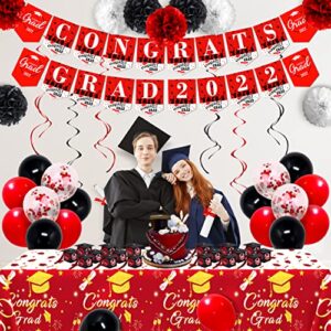 algpty 2022 Red and Black Graduation Decorations Kit - Congrats Grad Party Decorations Including Congrats Grad 2022 Banner, Paper Pompoms, Tablecloth, Hanging Swirl Grad  Decor for High School, College