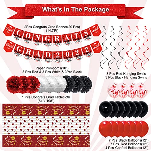 algpty 2022 Red and Black Graduation Decorations Kit - Congrats Grad Party Decorations Including Congrats Grad 2022 Banner, Paper Pompoms, Tablecloth, Hanging Swirl Grad  Decor for High School, College