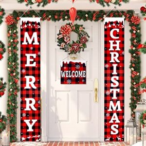 christmas banner decorations outdoor, 3pcs merry christmas welcome porch sign farmhouse decor, red buffalo plaid xmas hanging banner for front door kitchen wall christmas party decor