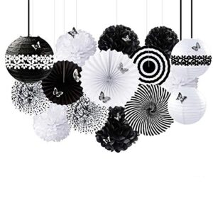 black and white party decoration kit hanging tissue paper fans lanterns flowers pom pom with 3d butterfly for wedding engagement birthday baby shower anniversary bachelorette hen party decor supplies