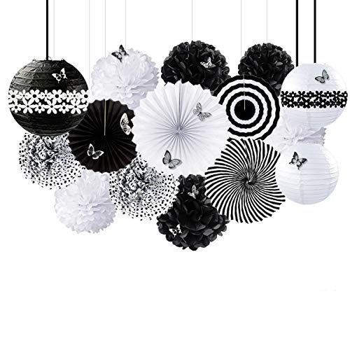 Black and White Party Decoration Kit Hanging Tissue Paper Fans Lanterns Flowers Pom Pom with 3D Butterfly for Wedding Engagement Birthday Baby Shower Anniversary Bachelorette Hen Party Decor Supplies