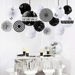 Black and White Party Decoration Kit Hanging Tissue Paper Fans Lanterns Flowers Pom Pom with 3D Butterfly for Wedding Engagement Birthday Baby Shower Anniversary Bachelorette Hen Party Decor Supplies