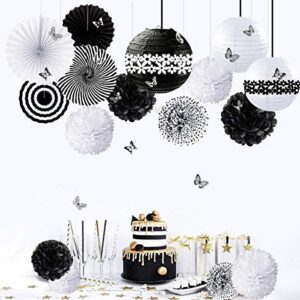 Black and White Party Decoration Kit Hanging Tissue Paper Fans Lanterns Flowers Pom Pom with 3D Butterfly for Wedding Engagement Birthday Baby Shower Anniversary Bachelorette Hen Party Decor Supplies