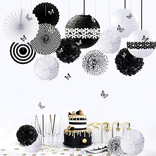 Black and White Party Decoration Kit Hanging Tissue Paper Fans Lanterns Flowers Pom Pom with 3D Butterfly for Wedding Engagement Birthday Baby Shower Anniversary Bachelorette Hen Party Decor Supplies