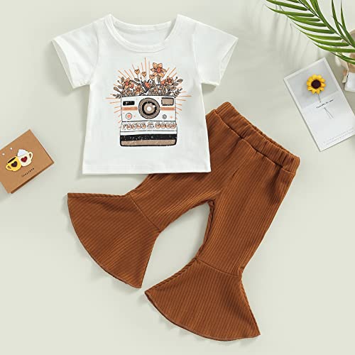 Toddler Baby Girl Western Clothes Kids Short Sleeve Cow Leopard T-Shirt Tops Flare Long Pants 2Pcs Summer Outifts (White+Brown,2-3T)