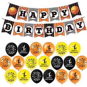 Basketball Theme Party Decoration Set, Includes Happy Birthday Flag Banner, Basketball Printed Latex Balloons, Cake Topper and Cupcake Toppers for Boys and Girls Sports Theme Birthday Party