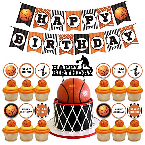 Basketball Theme Party Decoration Set, Includes Happy Birthday Flag Banner, Basketball Printed Latex Balloons, Cake Topper and Cupcake Toppers for Boys and Girls Sports Theme Birthday Party