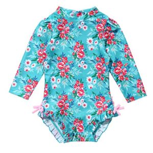 moily infant baby girls long sleeve floral ruffles one piece swimsuit rash guard shirts bathing suit blue 6-12 months