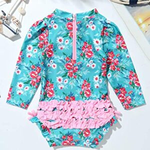 Moily Infant Baby Girls Long Sleeve Floral Ruffles One Piece Swimsuit Rash Guard Shirts Bathing Suit Blue 6-12 Months