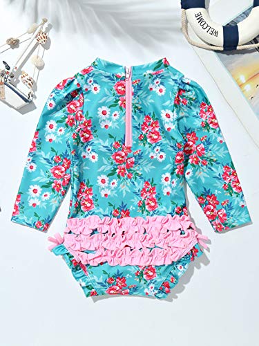 Moily Infant Baby Girls Long Sleeve Floral Ruffles One Piece Swimsuit Rash Guard Shirts Bathing Suit Blue 6-12 Months