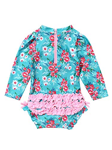 Moily Infant Baby Girls Long Sleeve Floral Ruffles One Piece Swimsuit Rash Guard Shirts Bathing Suit Blue 6-12 Months