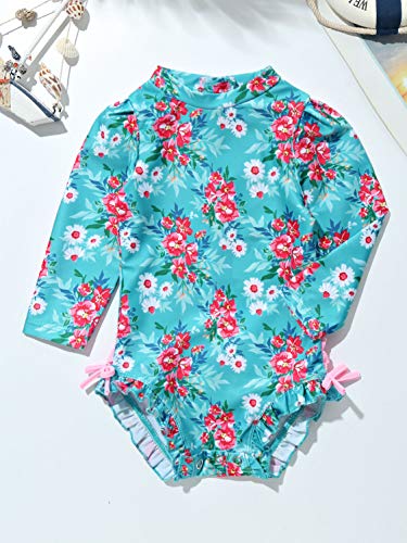 Moily Infant Baby Girls Long Sleeve Floral Ruffles One Piece Swimsuit Rash Guard Shirts Bathing Suit Blue 6-12 Months