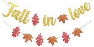 uniwish pre-strung fall in love banner gold glittery garland thanksgiving fall autumn theme wedding bridal shower engagement party decorations