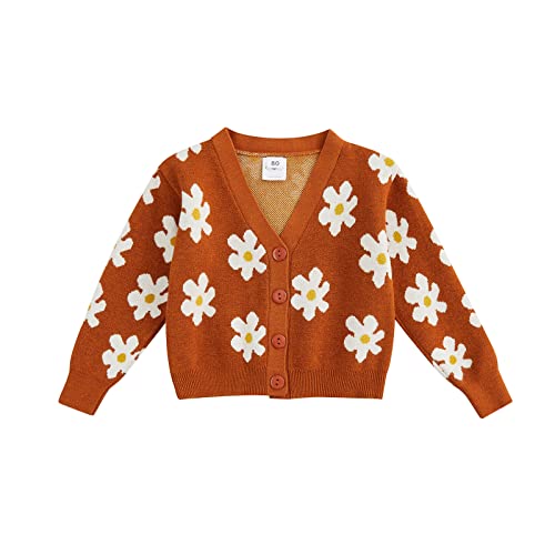 Toddler Baby Girl Cardigan Long Sleeve Floral Button Knit Sweater Coats Top Cute Fall Winter Knitwear Jacket Warm Clothes (Brown,2-3T)