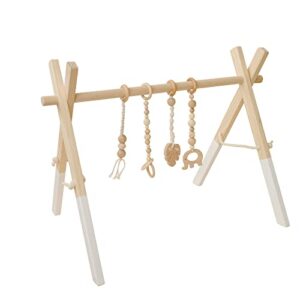 Poppyseed Play Wooden Baby Play Gym, Foldable Frame w/Hanging Bar, Tied Cotton Cord & Wooden Toys, Gender Neutral Baby Activity Set, Easy to Assemble (White Wood, Macrame Toys)