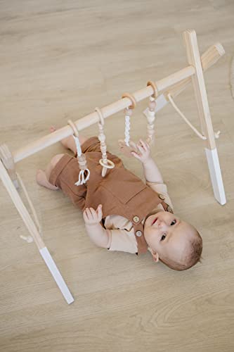 Poppyseed Play Wooden Baby Play Gym, Foldable Frame w/Hanging Bar, Tied Cotton Cord & Wooden Toys, Gender Neutral Baby Activity Set, Easy to Assemble (White Wood, Macrame Toys)