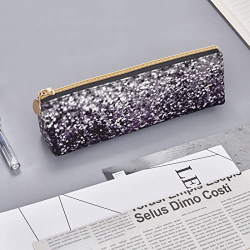 Ykklima Purple Black Silver Glitter Pattern Leather Pencil Case Zipper Pen Makeup Cosmetic Holder Pouch Stationery Bag for School, Work, Office