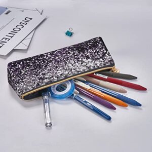 Ykklima Purple Black Silver Glitter Pattern Leather Pencil Case Zipper Pen Makeup Cosmetic Holder Pouch Stationery Bag for School, Work, Office