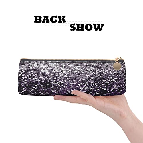 Ykklima Purple Black Silver Glitter Pattern Leather Pencil Case Zipper Pen Makeup Cosmetic Holder Pouch Stationery Bag for School, Work, Office