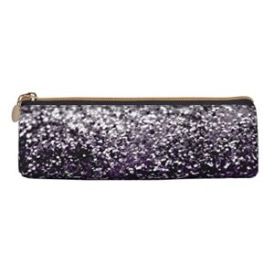 Ykklima Purple Black Silver Glitter Pattern Leather Pencil Case Zipper Pen Makeup Cosmetic Holder Pouch Stationery Bag for School, Work, Office