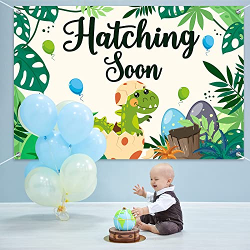 Hatching Soon Backdrop Banner Decor Green - Dinosaur Baby Shower Party Theme Decorations for Welcome Baby Gender Reveal Supplies