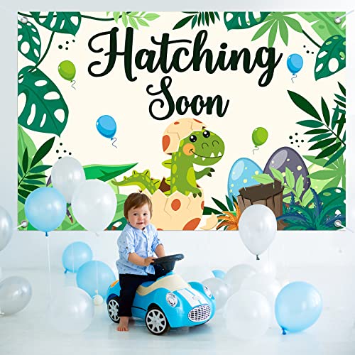 Hatching Soon Backdrop Banner Decor Green - Dinosaur Baby Shower Party Theme Decorations for Welcome Baby Gender Reveal Supplies