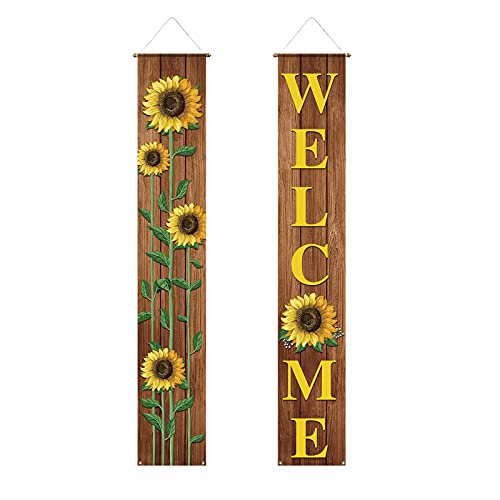 Funnytree Fall Summer Sunflower Brown Wood Texture Porch Sign Welcome Autumn Spring Floral Yard Door Banner Polyester Seasonal Decorations Windproof Backdrop Birthday Baby Shower Party Supplies 2pcs