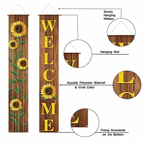 Funnytree Fall Summer Sunflower Brown Wood Texture Porch Sign Welcome Autumn Spring Floral Yard Door Banner Polyester Seasonal Decorations Windproof Backdrop Birthday Baby Shower Party Supplies 2pcs