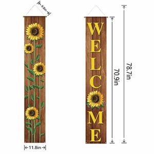 Funnytree Fall Summer Sunflower Brown Wood Texture Porch Sign Welcome Autumn Spring Floral Yard Door Banner Polyester Seasonal Decorations Windproof Backdrop Birthday Baby Shower Party Supplies 2pcs