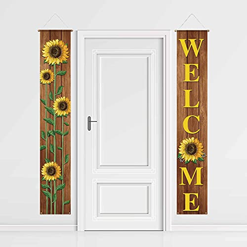 Funnytree Fall Summer Sunflower Brown Wood Texture Porch Sign Welcome Autumn Spring Floral Yard Door Banner Polyester Seasonal Decorations Windproof Backdrop Birthday Baby Shower Party Supplies 2pcs