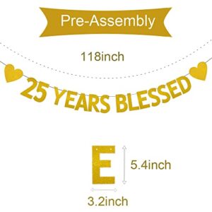 XIAOLUOLY Gold 25 YEARS BLESSED Glitter Banner,Pre-Strung,25th Birthday / Wedding Anniversary Party Decorations Bunting Sign Backdrops,25 YEARS BLESSED